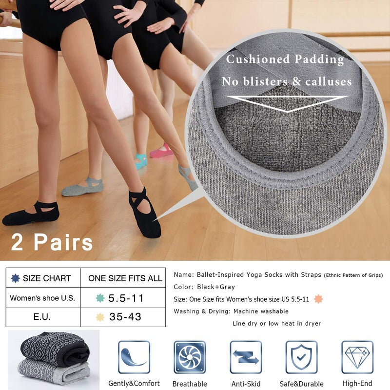 Ozaiic Pilates Socks for Women Non Slip Grip, Yoga Socks with Grippers for Barre, Hospital, Ballet, Dance, Barefoot Workout (2 Pairs- Black/Gray, one_size) - Image 5